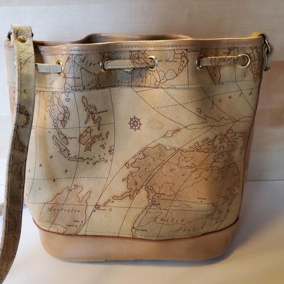 Maskof Italy Vintage World Map Bucket Bag Tan Neutral Vegan Leather - Picture 5 of 14